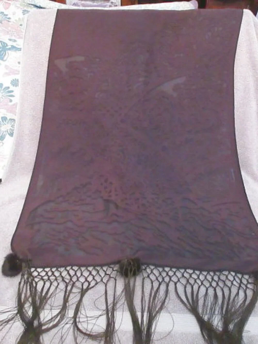 Vtg Velvet Burnout Scarf Sheer Luxurious Neck Wrap Shawl Poms Fringe Crochet EUC